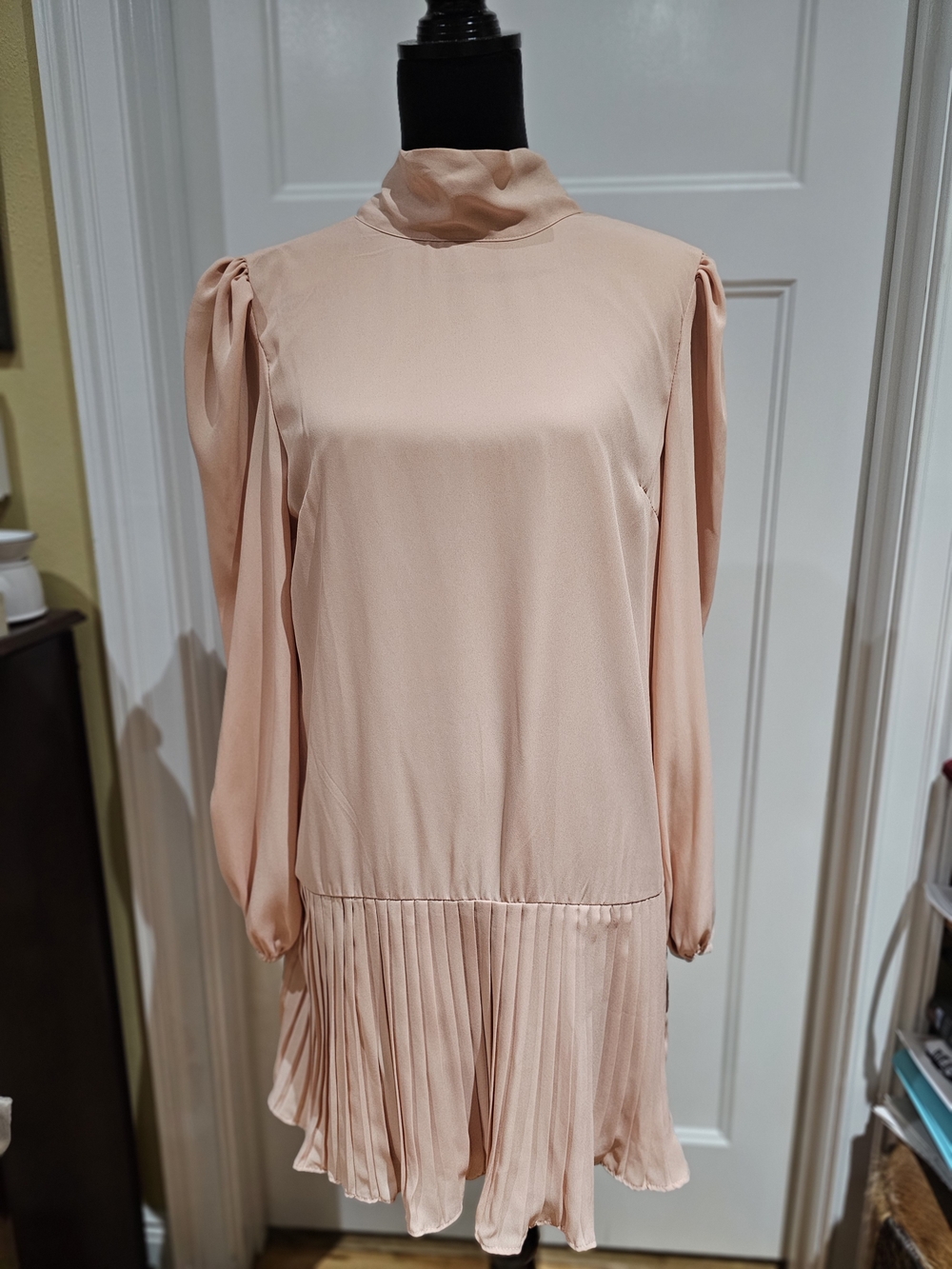 TCEC Peach Long-Sleeve High-Neck Pleated Hem Dress, NWT